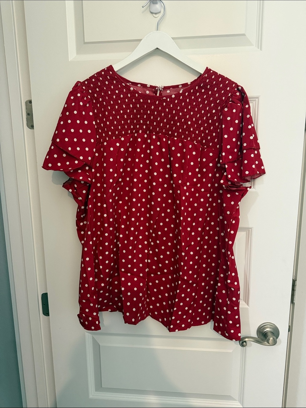 Red Polka Dot Smocked Flutter Sleeve Top